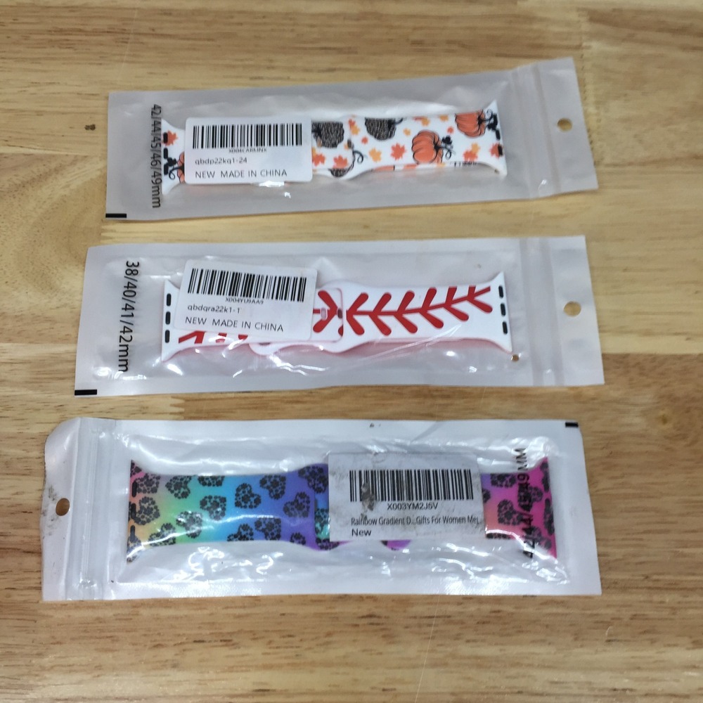 Lot of 3 Apple Watch Compatible Silicone Bands Pumpkin Baseball Rainbow Heart